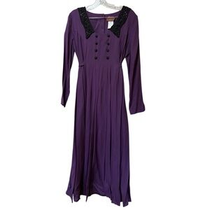 Vintage 90s Purple Midi Dress Lace Collar Long Sleeve Tie Waist Lisa II